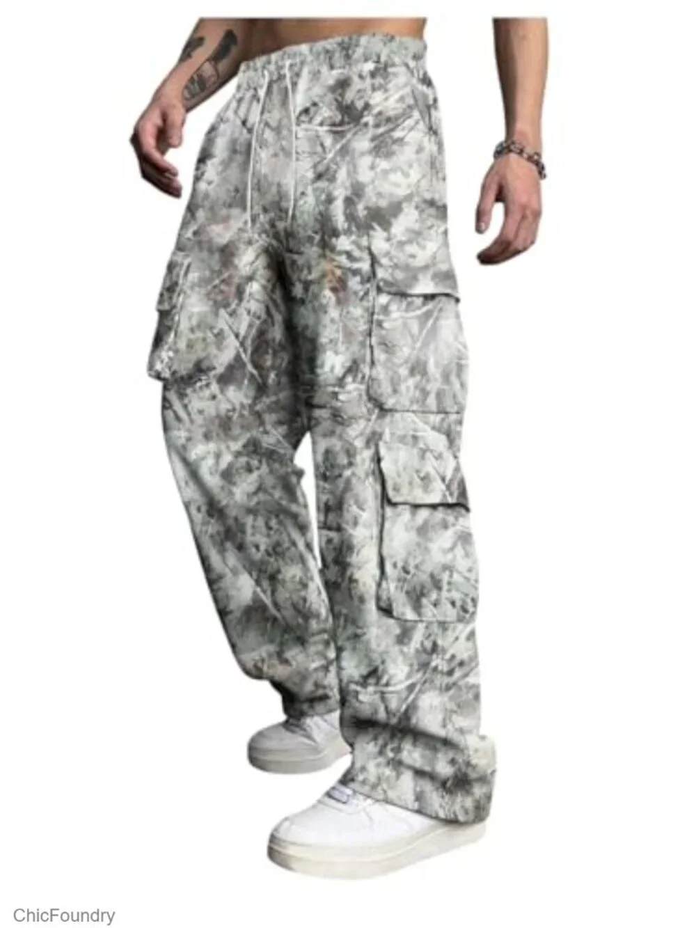 Camo Baggy Cargo Pants Elastic Waist Drawstring Wide Leg Streetwear